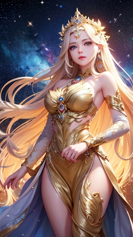 (masterpiece、Highest quality、High resolution、8K)、((Alone in space、Beautiful Goddess、Standing posture、フローティング  the sky like a star))、((whole body))、Golden Cape、White long dress、Sleeveless、Adorned with vibrant jewels、Gold Bracelets、Blonde in the middle、Beautiful brown eyes、A kind smile、Mouth closed、Elegant and exquisite face、Elegant operation、Place one hand under your chest、Professional Lighting、The universe is full of light、Countless stars and nebulae、