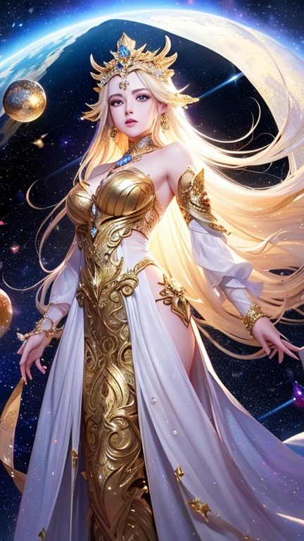 (masterpiece、Highest quality、High resolution、8K)、((Alone in space、Beautiful Goddess、Standing posture、フローティング  the sky like a star))、((whole body))、Golden Cape、White long dress、Sleeveless、Adorned with vibrant jewels、Gold Bracelets、Blonde in the middle、Beautiful brown eyes、A kind smile、Mouth closed、Elegant and exquisite face、Elegant operation、Place one hand under your chest、Professional Lighting、The universe is full of light、Countless stars and nebulae、