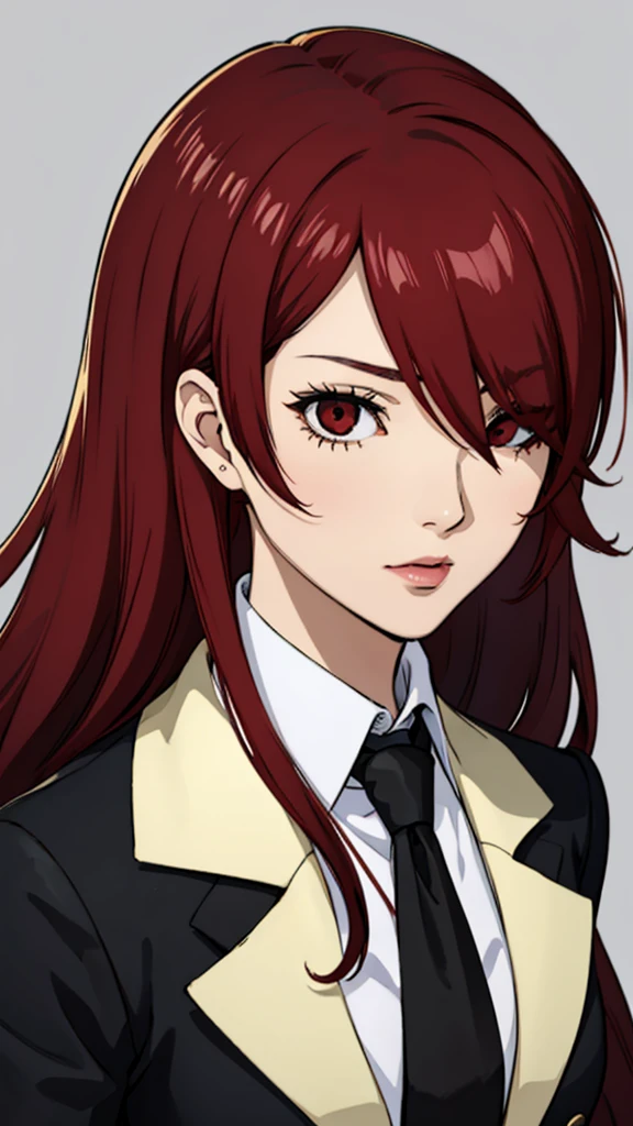 1 девочка, средняя грудь, Мицуру Кириджо, портрет лица, черный костюм черный костюм, галстук, красные глаза, длинные волосы, волосы над одним глазом , волосы над одним глазом, помада, красные волосы