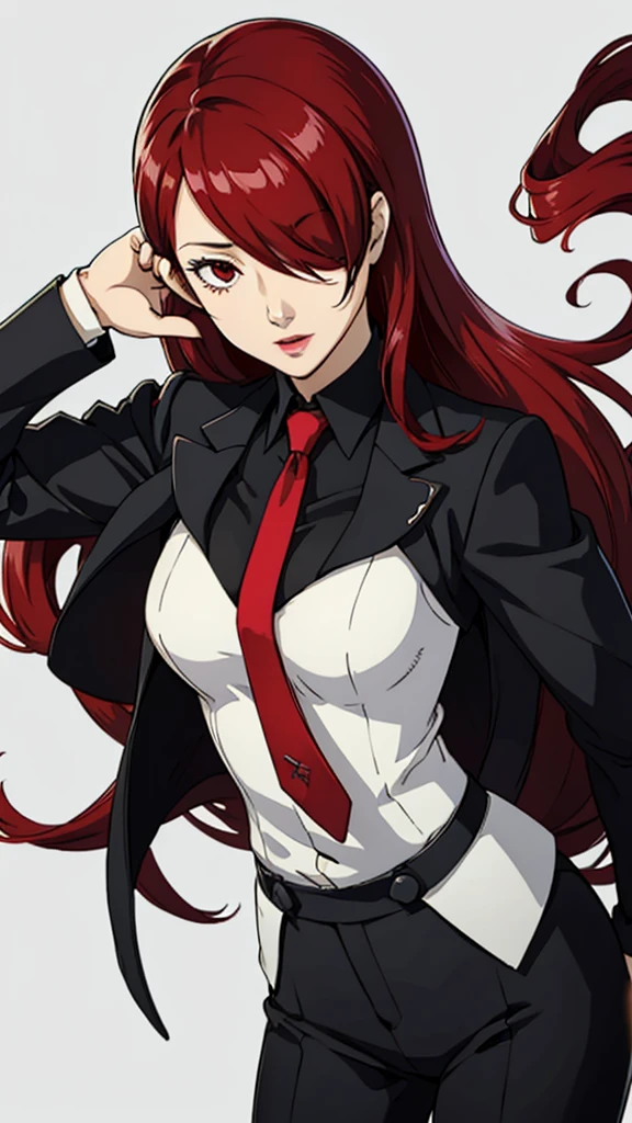 1 girl, medium breast, Mitsuru kirijo, face portrait, black suit black suit, tie, red eyes, long hair, hair over one eye , hair over one eye, lipstick, red hair