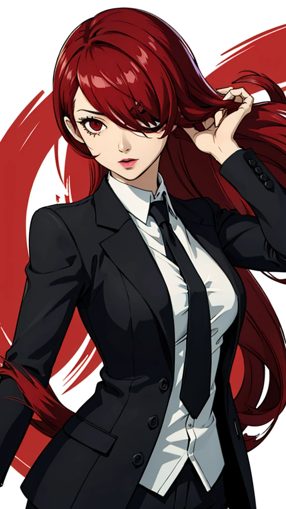 1 fille, poitrine moyenne, Mitsuru Kirijo, face portrait, costume noir costume noir, cravate, les yeux rouges, cheveux longs, cheveux sur un œil , cheveux sur un œil, rouge à lèvres, cheveux roux