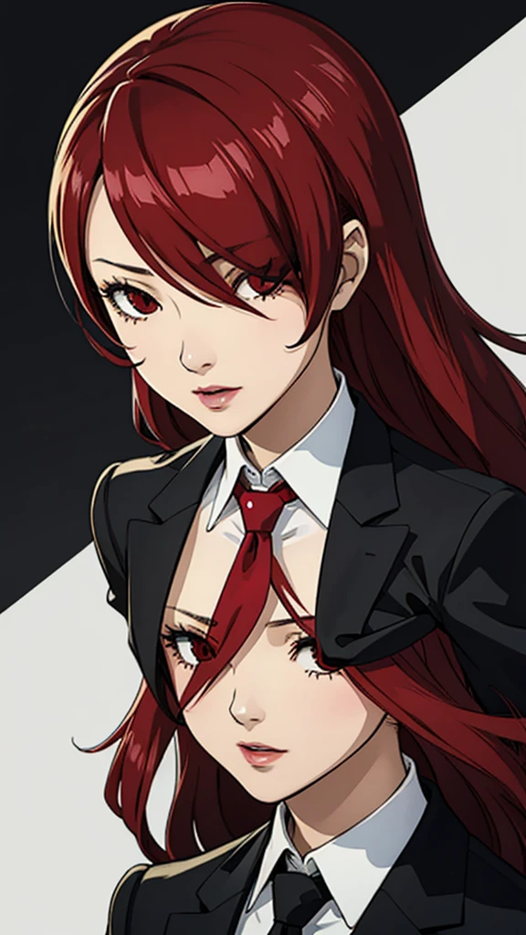 1 fille, poitrine moyenne, Mitsuru Kirijo, face portrait, costume noir costume noir, cravate, les yeux rouges, cheveux longs, cheveux sur un œil , cheveux sur un œil, rouge à lèvres, cheveux roux