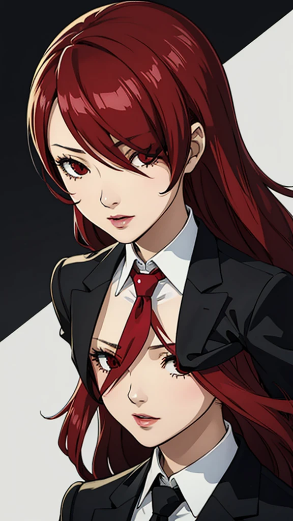 1 girl, medium breast, Mitsuru kirijo, face portrait, black suit black suit, tie, red eyes, long hair, hair over one eye , hair over one eye, lipstick, red hair