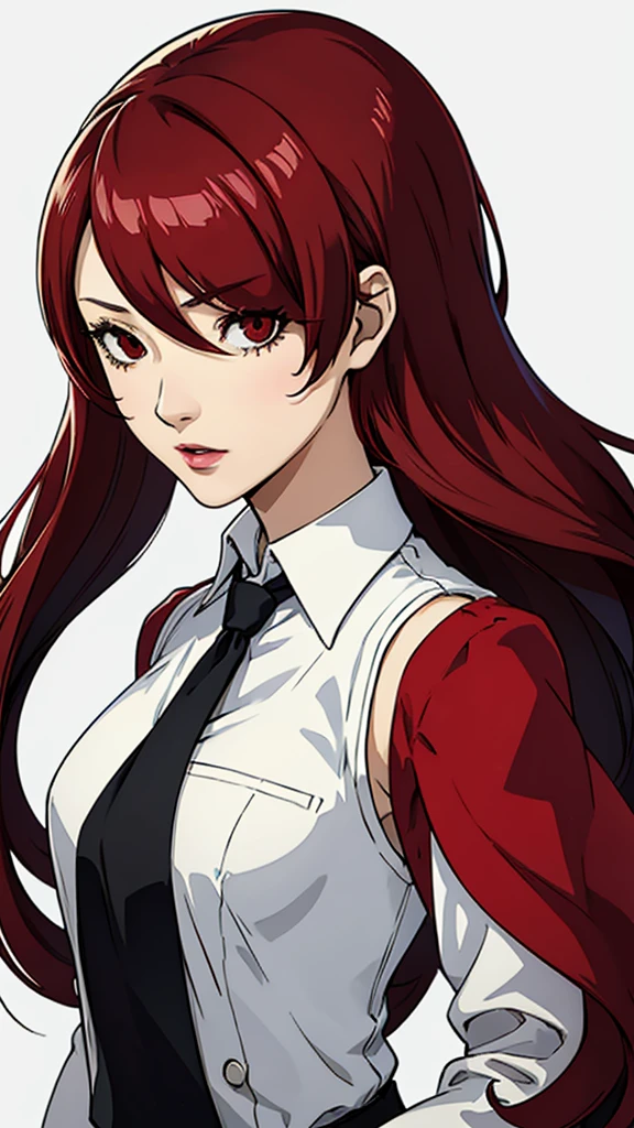 1 fille, poitrine moyenne, Mitsuru Kirijo, face portrait, gilet noir, chemise longue, cravate, les yeux rouges, cheveux longs, cheveux sur un œil , cheveux sur un œil, rouge à lèvres, cheveux roux