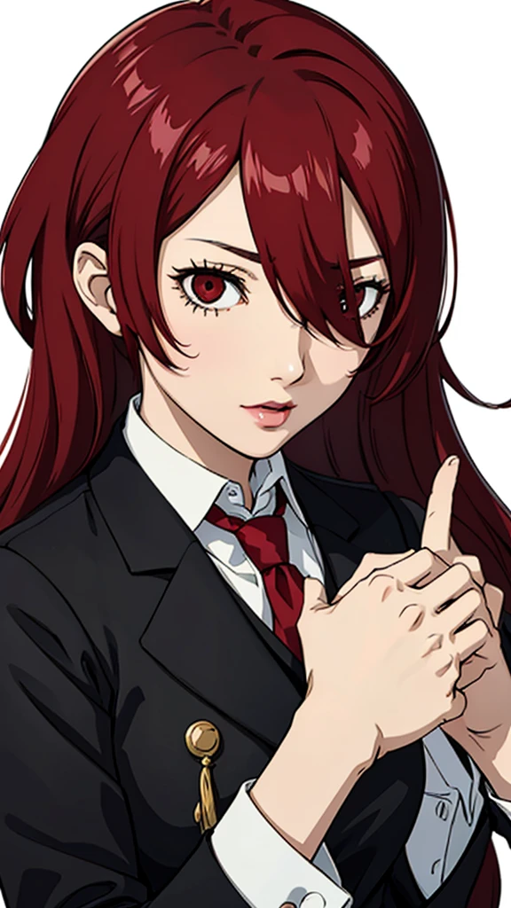 1 chica, pecho mediano, Mitsuru kirijo, retrato de la cara, chaleco negro, camisa larga, atar, ojos rojos, pelo largo, pelo sobre un ojo , pelo sobre un ojo, lápiz labial, cabello rojo