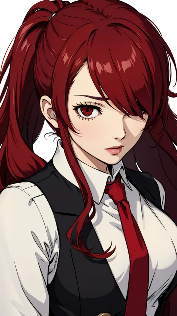 1 девочка, средняя грудь, Мицуру Кириджо, портрет лица, черный жилет, длинная рубашка, галстук, красные глаза, длинные волосы, волосы над одним глазом , волосы над одним глазом, помада, красные волосы