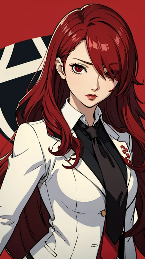 1 garota, milf, Mitsuru Kirijo, cabelo vermelho, olhos vermelhos, cabelo longo, batom, cabelo sobre um olho, gravata, Terno, peito de colete preto, retrato