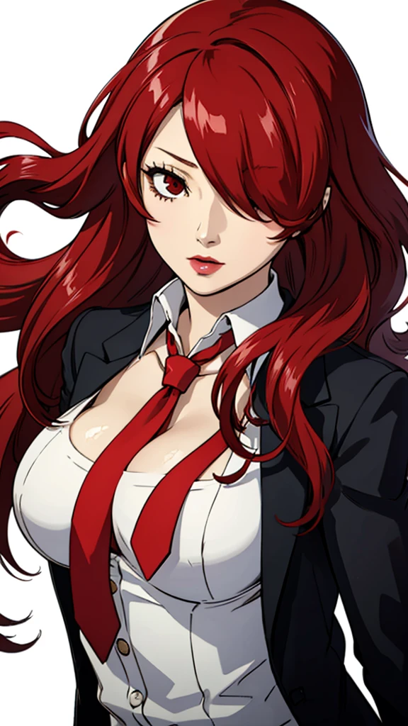 1 Mädchen, milf, Mitsuru Kirijo, Rote Haare, rote Augen, lange Haare, Lippenstift, Haare über einem Auge, tie, Anzug, schwarze Weste, riesige Brüste, Porträt