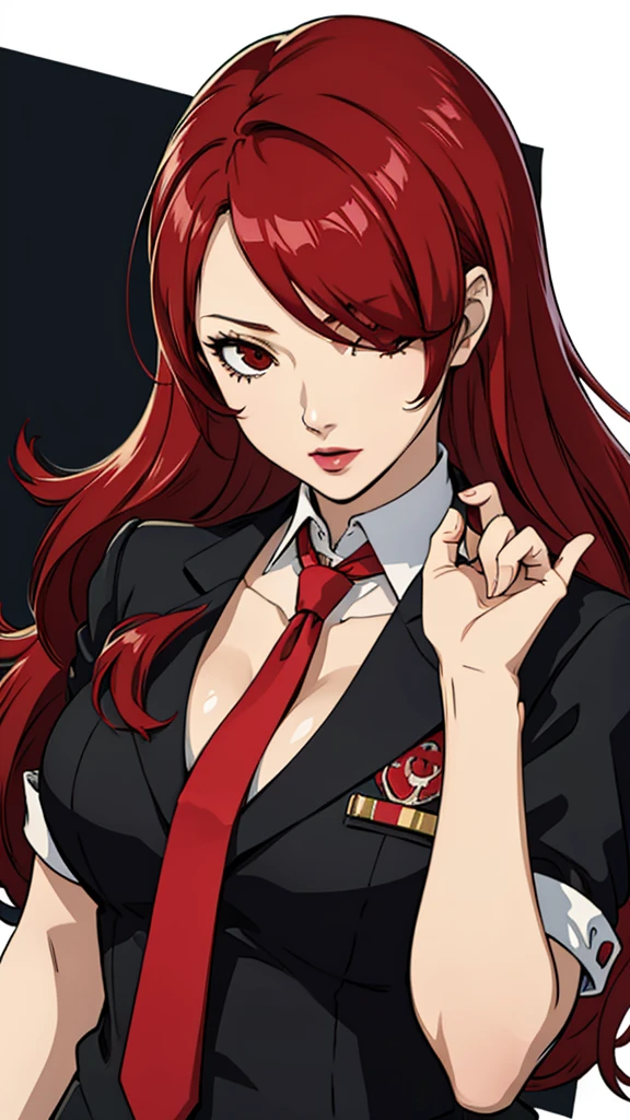 여자 1명, 섹시한중년여성, Mitsuru Kirijo, 빨강 머리, 빨간 눈, 긴 머리, 립스틱, 한쪽 눈 위의 머리카락, 묶다, 정장, 검은 조끼 가슴, 초상화