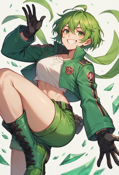 konami,one girl,smile, view your viewers, green jacket, gloves, green shorts,green footwear, masterpiece,highest quality,