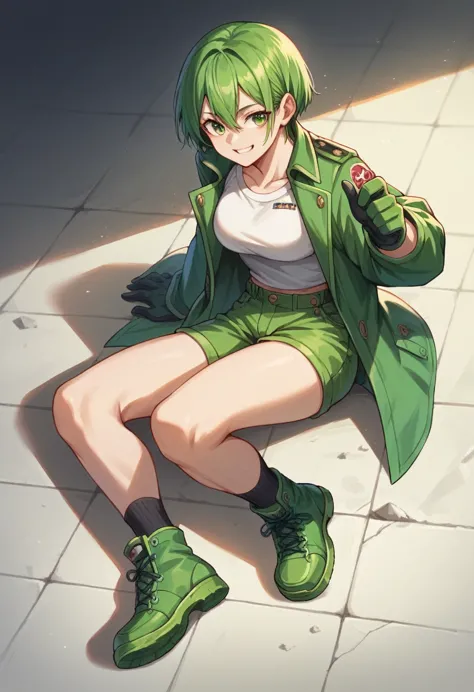 konami,one girl,smile, view your viewers, green jacket, gloves, green shorts,green footwear, masterpiece,highest quality,