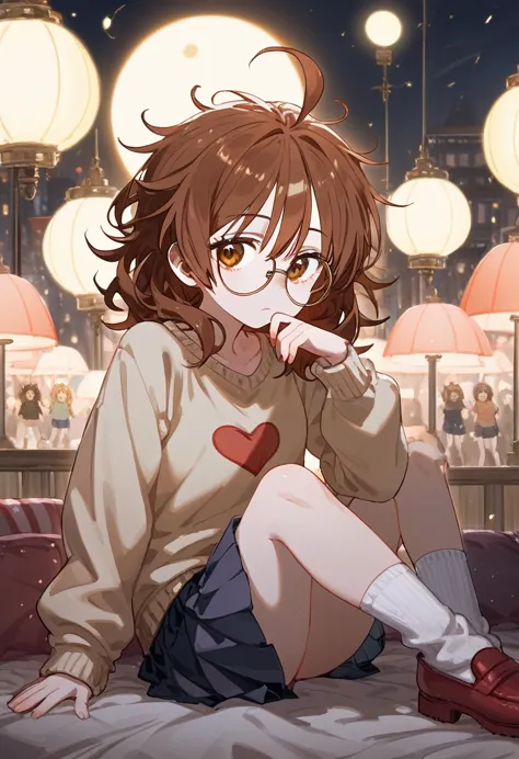 score_9, score_8_superior, one girl, hina araki, under-rim round glasses, juru, brown eyes, brown hair, medium hair, bedhead hai...