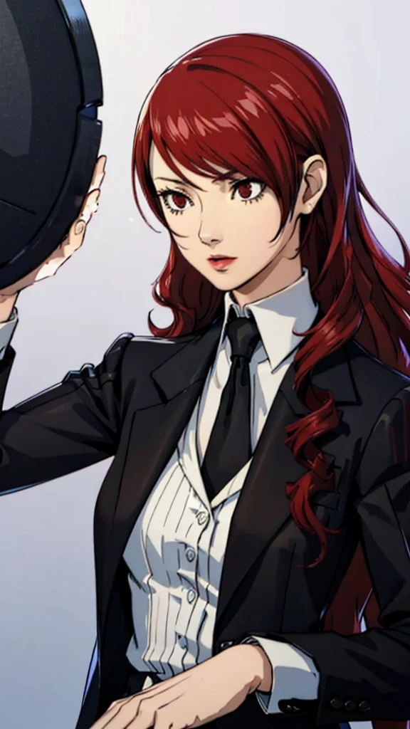 1 fille, poitrine moyenne, Mitsuru Kirijo, portrait, costume noir costume noir, cravate, les yeux rouges, cheveux longs, cheveux sur un œil , rouge à lèvres, cheveux roux