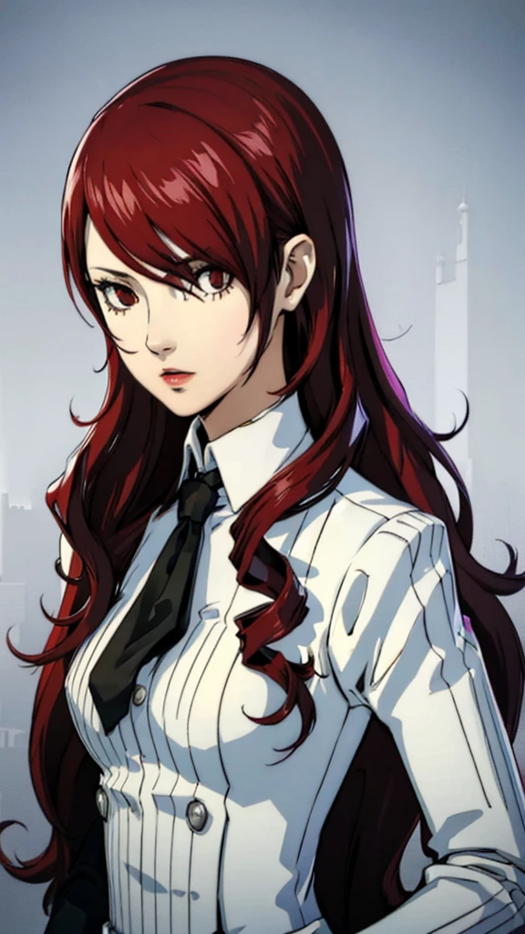 1 fille, poitrine moyenne, Mitsuru Kirijo, portrait, costume noir costume noir, cravate, les yeux rouges, cheveux longs, cheveux sur un œil , rouge à lèvres, cheveux roux