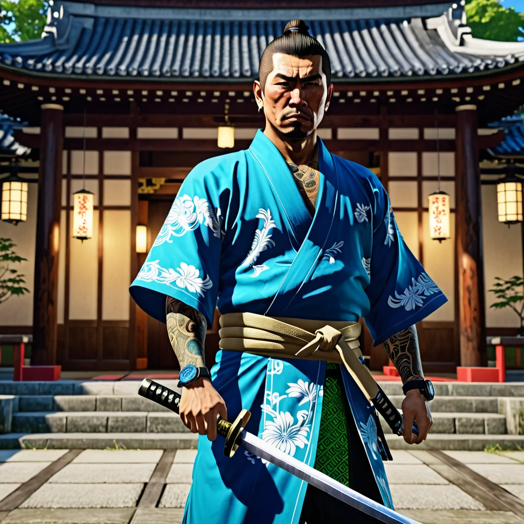 A Japanese yakuza dressed in phosphorescent blue with traditional clothing and a katana on his back ,In a classical Japanese temple ,style grand theft auto, HD PORTRAIT