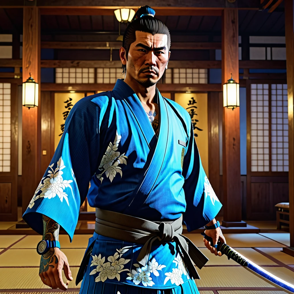 A Japanese yakuza dressed in phosphorescent blue with traditional clothing and a katana on his back ,In a classical Japanese temple ,style grand theft auto, HD PORTRAIT