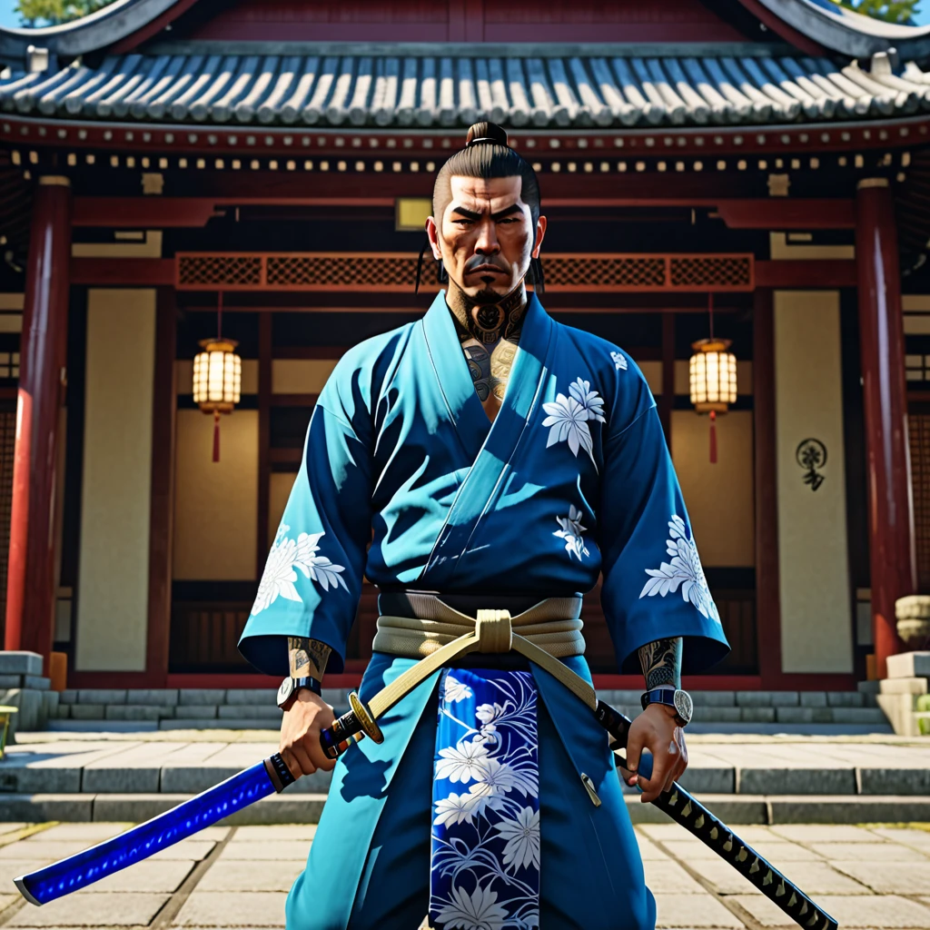 A Japanese yakuza dressed in phosphorescent blue with traditional clothing and a katana on his back ,In a classical Japanese temple ,style grand theft auto, HD PORTRAIT