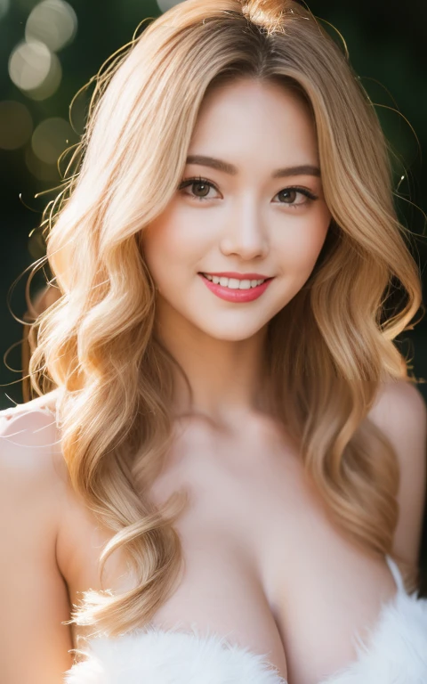 Full body snapshot、Blonde Long Hair、Loose curl hair、Ample cleavage、E Cup、Fuller lips、Looking into the camera、Double Eyes、Dressed like a goddess, clad in white cloth、Fluffy hair、18-year-old、A confident smile、Poses that emphasize beautiful breasts、The most beautiful face in the world、Full body photo、Floating in the air with arms outstretched