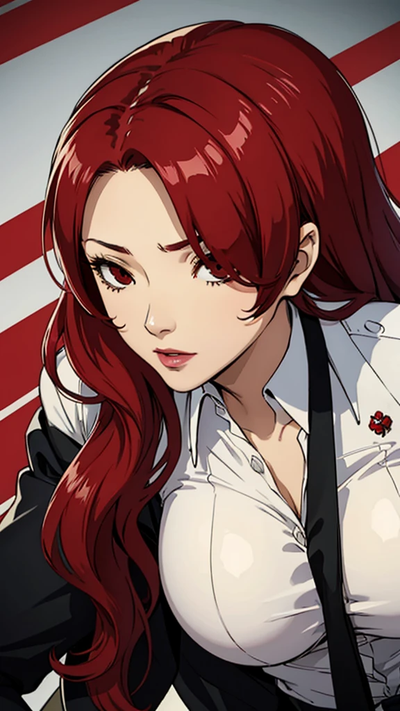 1 trentenaire, énorme poitrine, costume, cravate, Mitsuru Kirijo, portrait, , les yeux rouges, cheveux longs, cheveux sur un œil , rouge à lèvres, cheveux roux