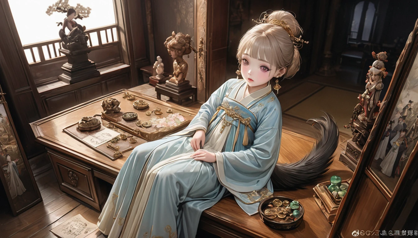  (solo), (A 7-year-old girl:1.2), (very young little girl), loli, (Solo), (small breast), (wide angle), raw photo, Aesthetic, Convoluted, Awarded, chiaroscuro, Best Quality, Detailed background, (Misty atmosphere:1.2),((Girl in very large hanfu:1.2)),Nongyu, wise, understood, Huang's intentions, quietly returned, room, took off, mourning clothes, put on, fitted jacket, traditional style, Western tailoring, high and graceful figure, Mr. Li loved, elegance, light blue jacket, embroidered flowers, gradient blue, pink, yellow, gold edges, shining, tassels, pleat, wide hem, knee-length, pleated skirt, dark blue fabric, cloth belt, mandarin ducks, lifelike, harmony, beauty.

Sitting, dressing table, meticulous makeup, Mr. Li compared, fairy, Yao Pond, graceful ladies, ancient paintings, lotus bun, magpie tail, swaying hairpin, golden beads, jade pendants, jasmine needles, gold, jade, precious stones, shimmering, stone ink, eyebrows, rouge lips, lead powder, white skin, moon pearls, earrings, jade necklace, gold bracelets, wrists, charming, luxurious.

Closed door, bowed, Mr. Li's coffin, whispered, ready, serve, wrote, suicide note, "Parasol tree, grow old, mandarin ducks, die together, virtuous wife, husband's death, cost, her life." Elegant handwriting, firm, inner determination, calmness, chaotic world, eternal love, loyalty.