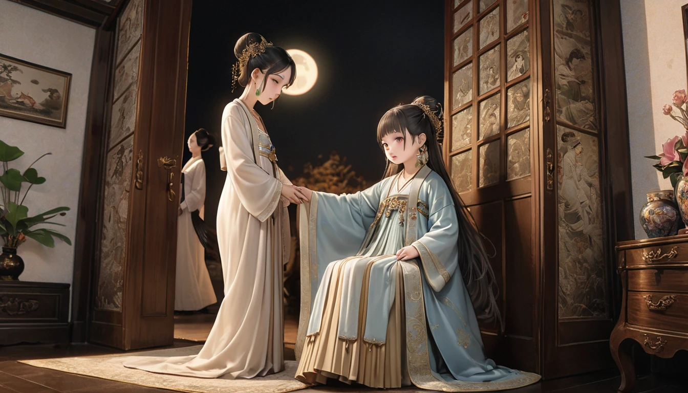  (solo), (A 7-year-old girl:1.2), (very young little girl), loli, (Solo), (small breast), (wide angle), raw photo, Aesthetic, Convoluted, Awarded, chiaroscuro, Best Quality, Detailed background, (Misty atmosphere:1.2),((Girl in very large hanfu:1.2)),Nongyu, wise, understood, Huang's intentions, quietly returned, room, took off, mourning clothes, put on, fitted jacket, traditional style, Western tailoring, high and graceful figure, Mr. Li loved, elegance, light blue jacket, embroidered flowers, gradient blue, pink, yellow, gold edges, shining, tassels, pleat, wide hem, knee-length, pleated skirt, dark blue fabric, cloth belt, mandarin ducks, lifelike, harmony, beauty.

Sitting, dressing table, meticulous makeup, Mr. Li compared, fairy, Yao Pond, graceful ladies, ancient paintings, lotus bun, magpie tail, swaying hairpin, golden beads, jade pendants, jasmine needles, gold, jade, precious stones, shimmering, stone ink, eyebrows, rouge lips, lead powder, white skin, moon pearls, earrings, jade necklace, gold bracelets, wrists, charming, luxurious.

Closed door, bowed, Mr. Li's coffin, whispered, ready, serve, wrote, suicide note, "Parasol tree, grow old, mandarin ducks, die together, virtuous wife, husband's death, cost, her life." Elegant handwriting, firm, inner determination, calmness, chaotic world, eternal love, loyalty.