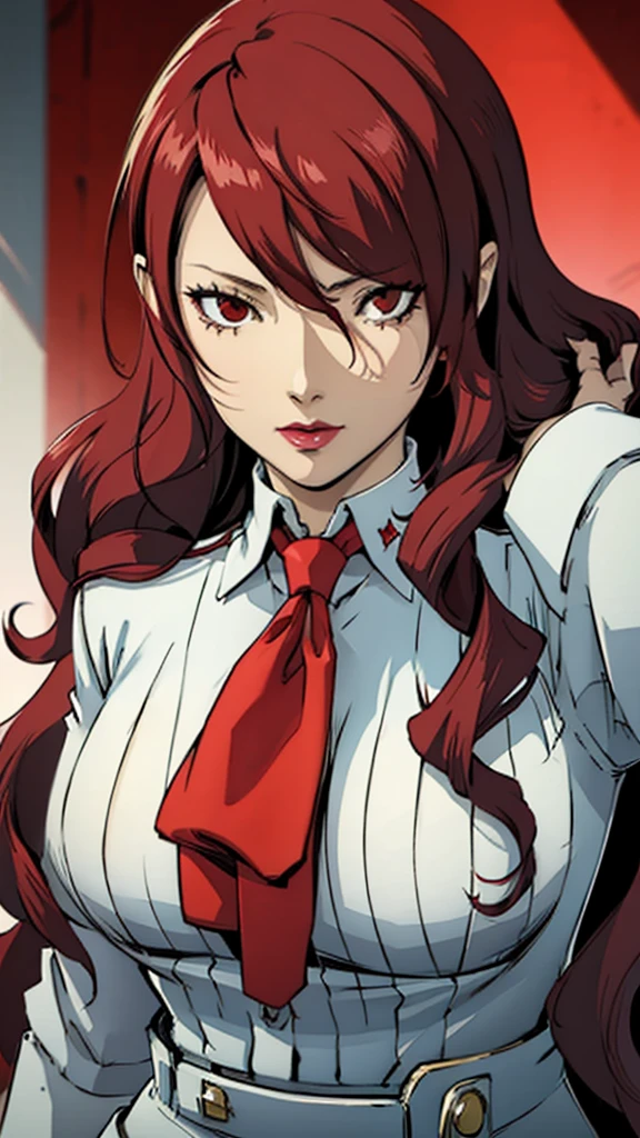 1 milf, peito enorme, Terno, gravata, Mitsuru Kirijo, retrato, , olhos vermelhos, cabelo longo, cabelo sobre um olho , batom, cabelo vermelho