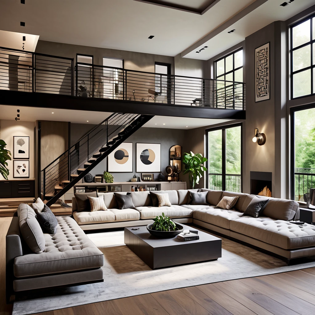 Create a modern and spacious living room with an industrial chic aesthetic. The room should include a large, comfortable sectional sofa in neutral colors, accompanied by contemporary coffee tables and a sleek lounge chair. A floating staircase leads to a mezzanine level, adding architectural interest. The walls and ceiling feature geometric patterns with built-in lighting to create a warm ambiance. Ensure the design is minimalistic yet stylish, incorporating a few well-placed decorative items and plants to complete the look.