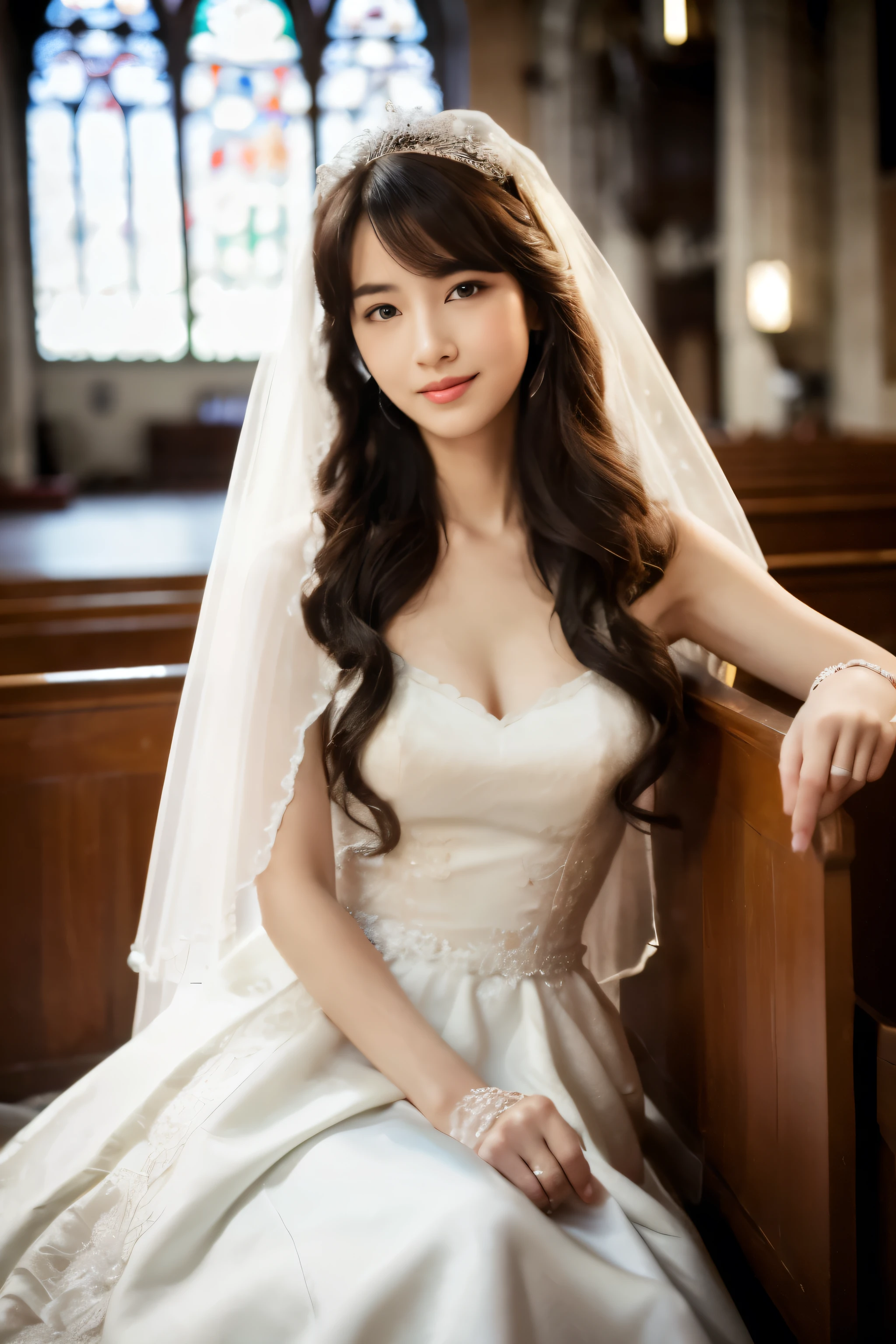 Japonesa flaca, Cabello ondulado largo, tener puesto (Vestido de novia:1.3), sentado en la iglesia. Realista, Realista, alta calidad, foto cruda, antecedentes detallados, Muy detallado, enfoque nítido, Alta resolución, 8K, 超Alta resolución, Cámaras réflex digitales, Realista eyes, ojos perfectos,Vestido de novia、pose seductora、foto de cuerpo completo、foto de cuerpo completo、