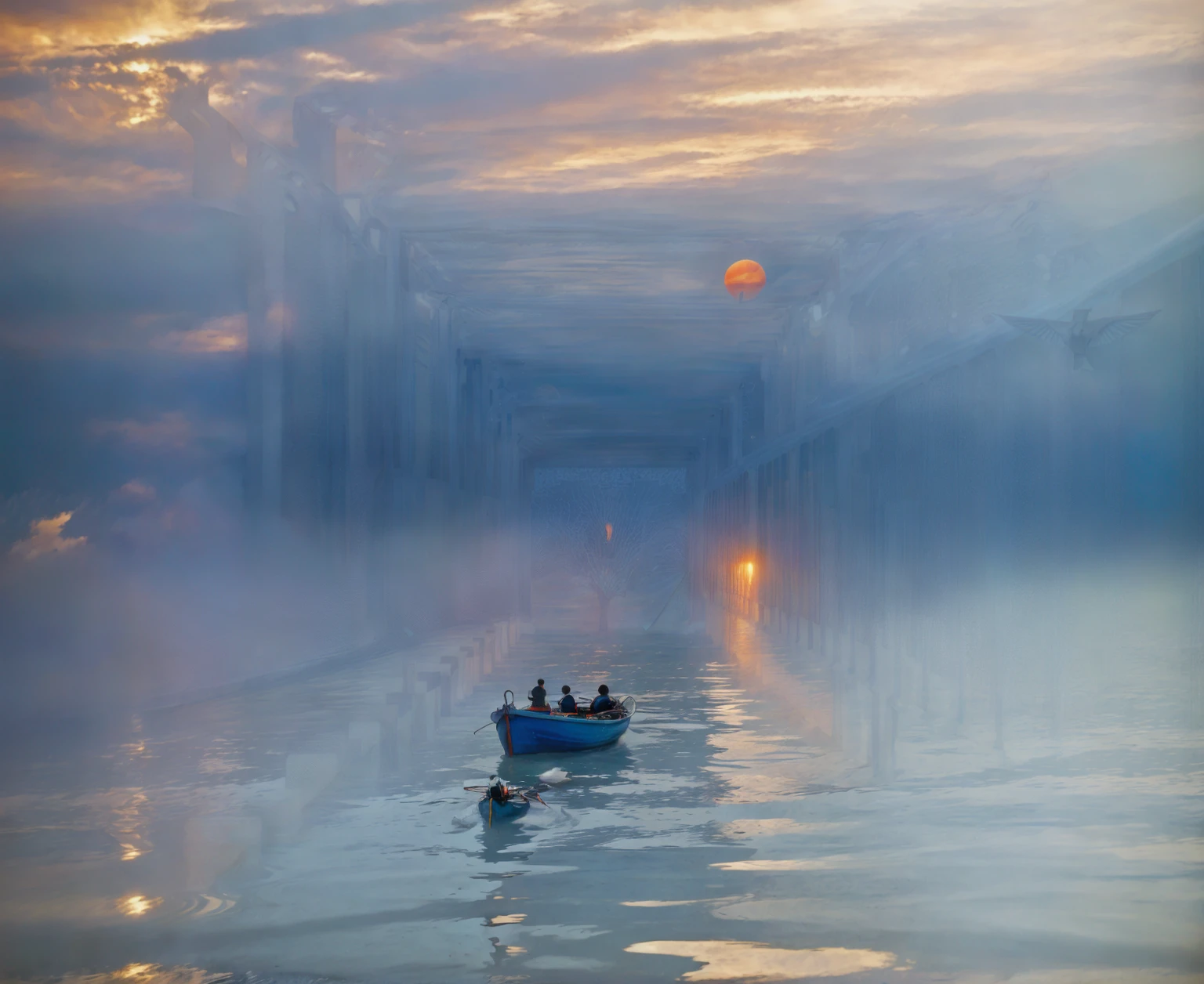 Long exposure photography，Award-winning photography，Practical，In waters with boats，Sunset, ，stunning lighting, Abstract， Claude Monet，Abstract，photography，high quality，blue，orange，Sunset，Beautiful scenery，photo，photoPractical，raw,International Gold Award，National Geographic，