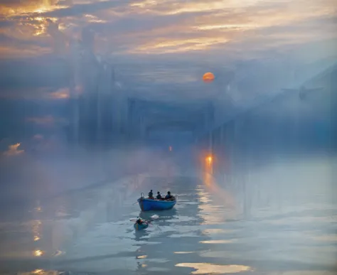 Long exposure photography，Award-winning photography，Practical，In waters with boats，Sunset, ，stunning lighting, Abstract， Claude ...