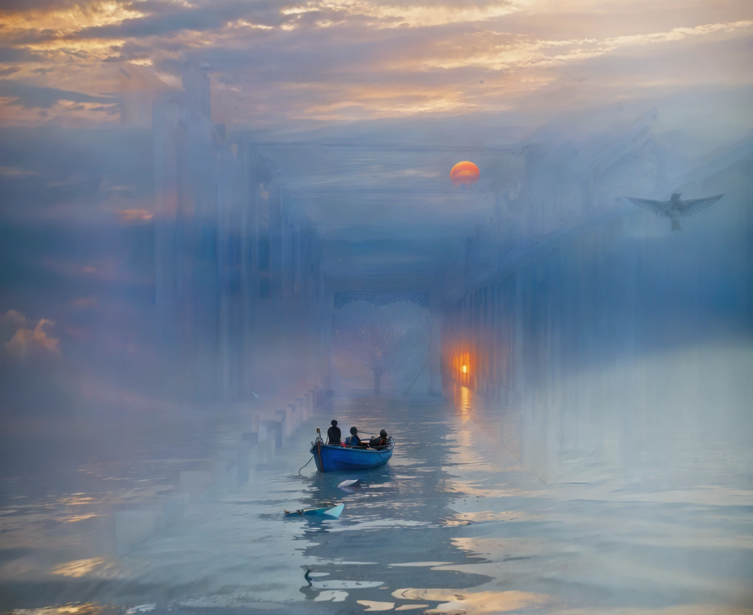 Long exposure fotography，Award-winning fotography，Prático，Em águas com barcos，pôr do sol, ，Iluminação deslumbrante, abstrato， Claude Monet，abstrato，fotography，alta qualidade，azul，laranja，pôr do sol，cenário bonito，foto，fotoPrático，CRU,Prêmio Ouro Internacional，Geografia nacional，