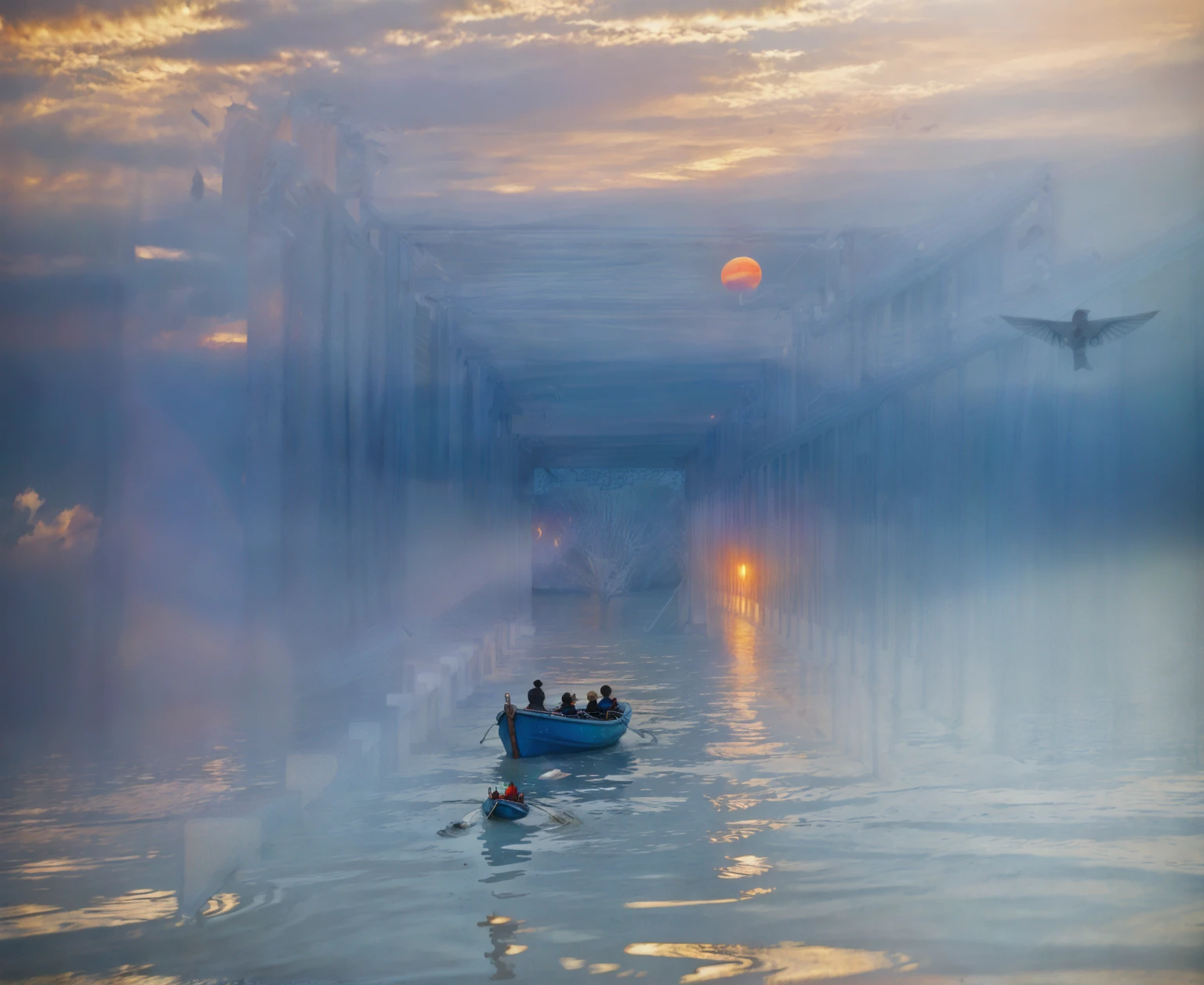 Long exposure Fotography，Award-winning Fotography，Praktisch，In Gewässern mit Booten，Sonnenuntergang, ，atemberaubende Beleuchtung, abstrakt， Claude Monet，abstrakt，Fotography，gute Qualität，Blau，orange，Sonnenuntergang，schöne Landschaft，Foto，FotoPraktisch，roh,Internationaler Goldpreis，National Geographic，