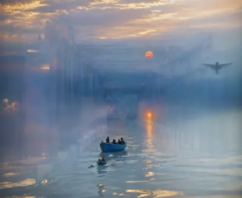 long exposure photography，award-winning photography，practical，in waters with boats，sunset, ，stunning lighting, abstract， claude ...