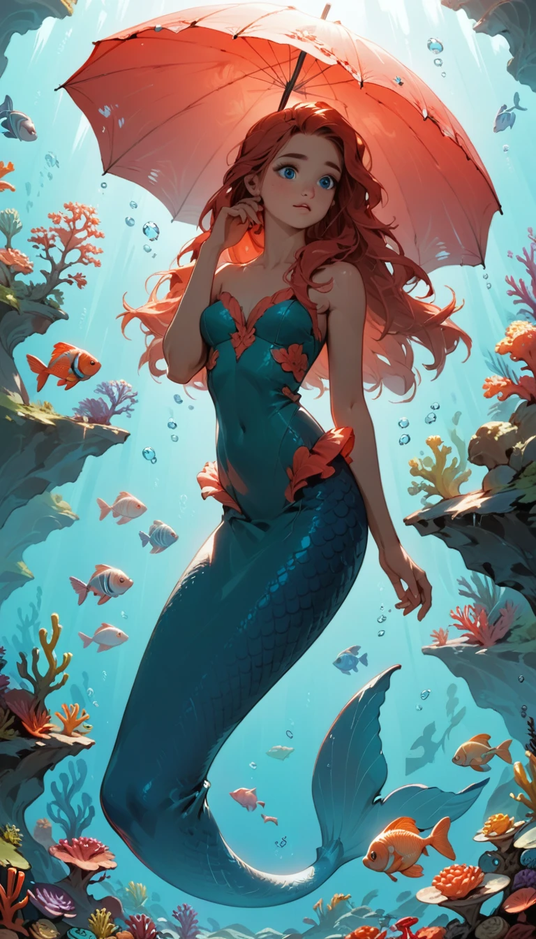 Minimalist Travel，diving，Mermaid，Ariel、The girl holds an umbrella、Hand on cheek, Gazing into the distance, Thoughtful、Striking a dreamy pose, Conveying serenity and depth, Dutch Angle,Minimalism, Among the beautiful coral reefs, Colorful small fish、beautifully daylight、prism、shape.