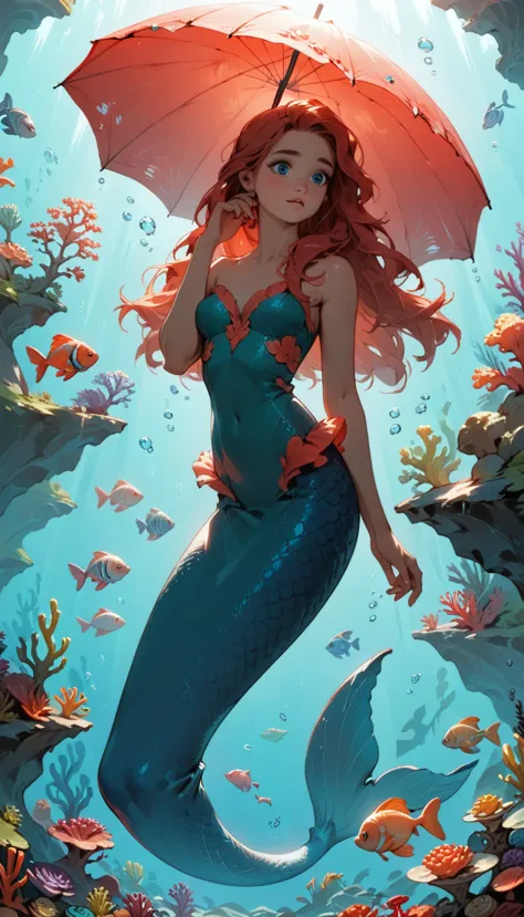 Minimalist Travel，diving，Mermaid，Ariel、The girl holds an umbrella、Hand on cheek, Gazing into the distance, Thoughtful、Striking a...