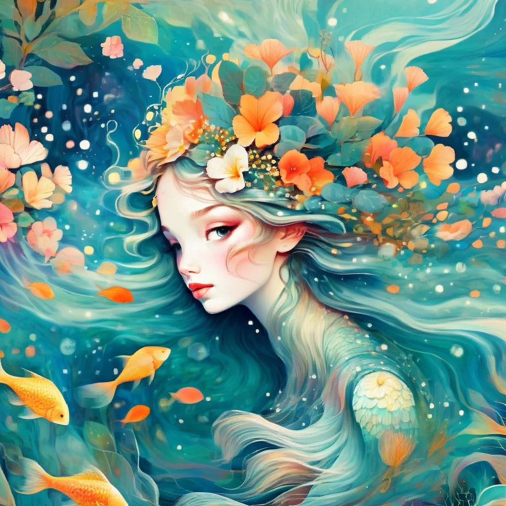 Sirena de la isla tropical de Victo Ngai y Anna Dittmann, florpunk, sereno estilizado, océano, Ukiyo-e, beksinski, Leonid Afremov