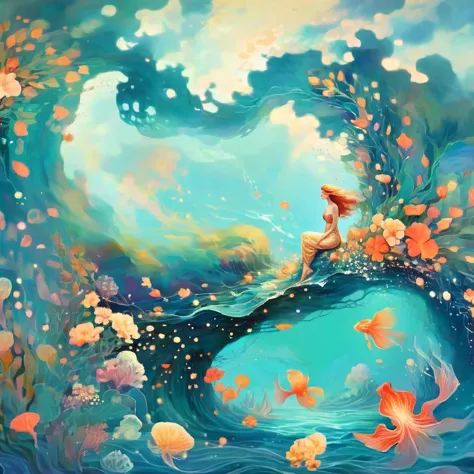 Tropical Island Mermaid by Victo Ngai and Anna Dittmann, flowerpunk, serene stylized, ocean, ukiyo-e, beksinski, leonid afremov
