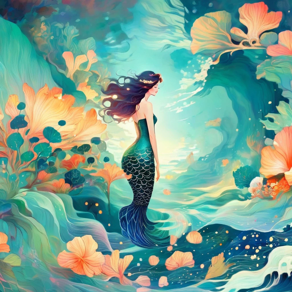 Sirena de la isla tropical de Victo Ngai y Anna Dittmann, florpunk, sereno estilizado, océano, Ukiyo-e, beksinski, Leonid Afremov