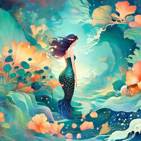 Tropical Island Mermaid by Victo Ngai and Anna Dittmann, flowerpunk, serene stylized, ocean, ukiyo-e, beksinski, leonid afremov