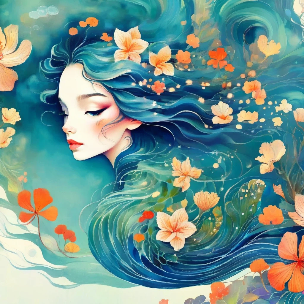 Sereia da Ilha Tropical, de Victo Ngai e Anna Dittmann, florpunk, sereno estilizado, oceano, Ukiyo-e, Beksinski, leonid afremov