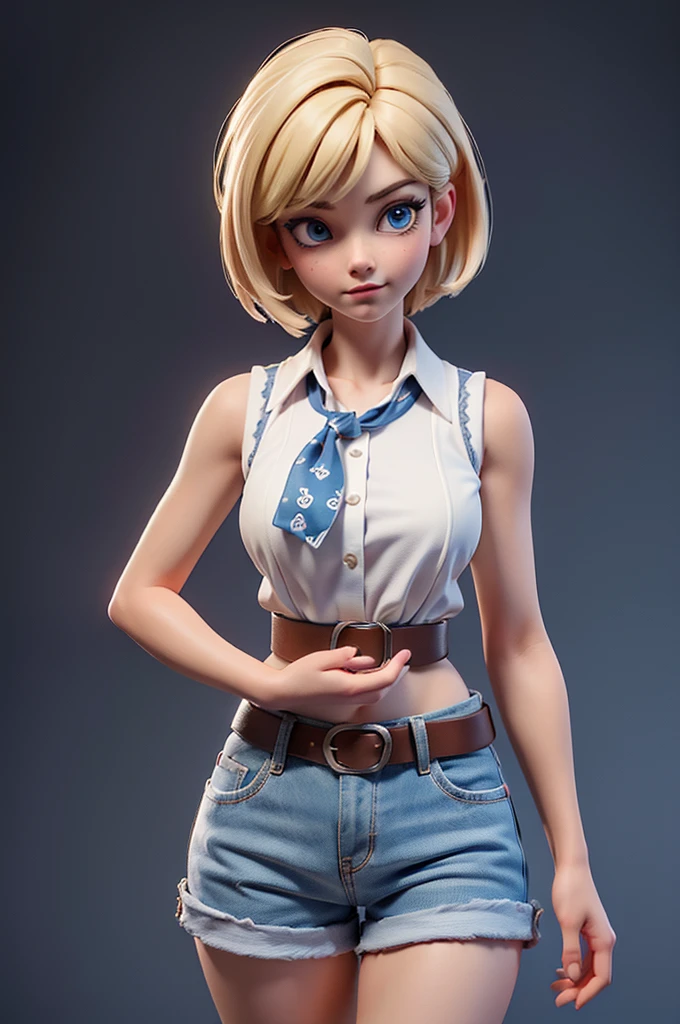 (((((only))))),(((((masterpiece))))), (((((Best Quality))))),(((((Very detailed))))), finely, Depth of written boundary, Sharp details, Detailed clothing, High resolution,
One girl, Bang beautiful detailed face:1.3), clavicle, Collared shirt, ((White sleeveless collared shirt)), Varios botones se abren para mostrar el Neckline, Show your belly, blue eyes, Blonde, Neckline, ((cowboy)), (cowboy もっている:1.3),Medium breast, belly button, neckerchief, 赤いneckerchief, short hair, shorts, Shorts, Healthy thighs, gun belt ,cowboy western,Monotone background, Thigh Gap