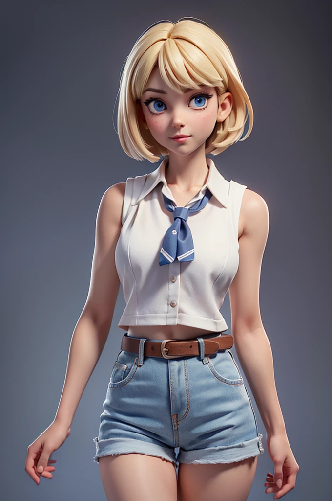 (((((only))))),(((((masterpiece))))), (((((Best Quality))))),(((((Very detailed))))), finely, Depth of written boundary, Sharp details, Detailed clothing, High resolution,
One girl, Bang beautiful detailed face:1.3), clavicle, Collared shirt, ((White sleeveless collared shirt)), Varios botones se abren para mostrar el Neckline, Show your belly, blue eyes, Blonde, Neckline, ((cowboy)), (cowboy もっている:1.3),Medium breast, belly button, neckerchief, 赤いneckerchief, short hair, shorts, Shorts, Healthy thighs, gun belt ,cowboy western,Monotone background, Thigh Gap