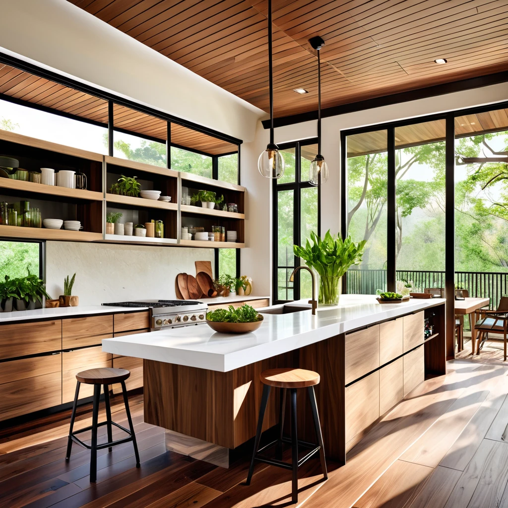 Crea una cocina contemporánea que enfatice los materiales naturales y el diseño moderno. La cocina incluye una isla central con encimera blanca y cocina integrada, combinado con elegantes taburetes de bar de madera. La carpintería combina acabados de madera oscura y clara para un aspecto sofisticado. Por encima de la isla, instala una característica de techo de listones de madera con plantas suspendidas para agregar un elemento natural. Las ventanas grandes proporcionan abundante luz natural, realzando la calidez de los pisos de madera y la atmósfera general brillante y aireada. El diseño debe ser práctico y estéticamente agradable