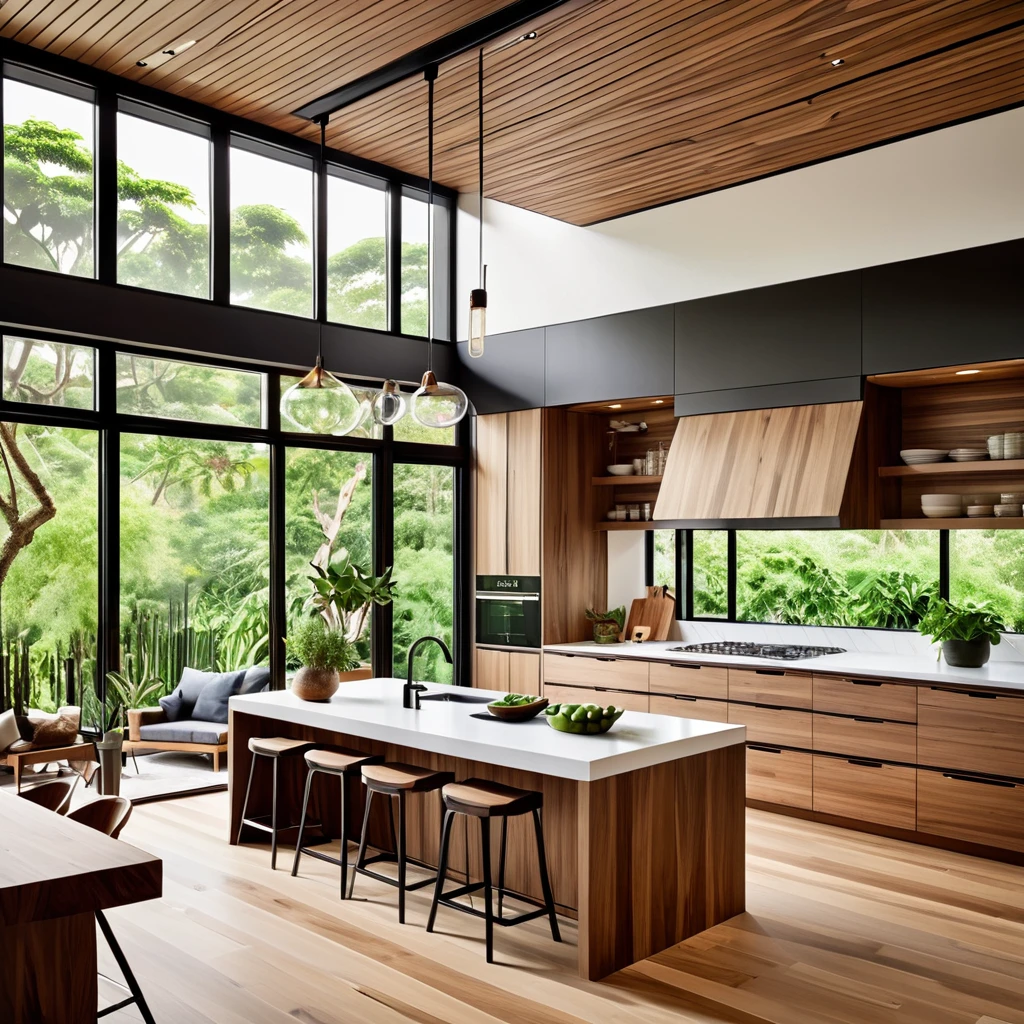 Diseña una cocina elegante y funcional con una mezcla de elementos modernos y naturales.. El espacio cuenta con una isla central con una elegante encimera blanca y estufa incorporada., complementado con taburetes de bar de madera. Los gabinetes de la cocina son una combinación de acabados de madera clara y oscura., creando un ambiente contemporáneo y acogedor. Por encima de la isla, incluya un techo de listones de madera con plantas colgantes para darle un toque de naturaleza. Los grandes ventanales garantizan que la cocina esté bien iluminada con luz natural., destacando el suelo de madera y limpiando, líneas modernas del diseño. Concéntrese en crear un espacio que sea a la vez elegante y práctico..