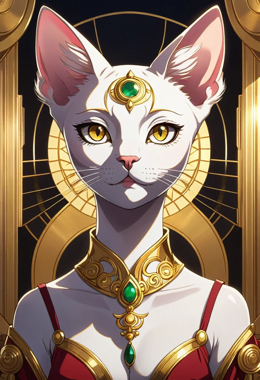 Sphynx Cat, Gold and cosmo, Isabelle, Okumura Masanobu, symmetrical eyes and face, elegant, Anime, symmetrical build, character portrait, cute face, cute atmosphere, Anime Background, hyperdetailed, 8k  