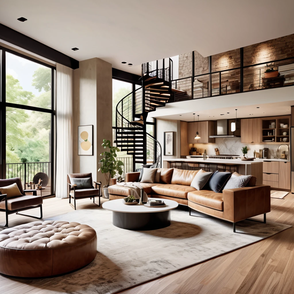 Create a chic and inviting loft apartment with a modern aesthetic. The living area should include a cozy sectional sofa in earthy tones, complemented by a large ottoman and a soft area rug. The room features a spiral staircase that leads to an upper loft space, adding architectural interest. The dining area is equipped with a round table and stylish chairs, while the kitchen area has modern cabinets and appliances. Ensure the space is bright and airy with ample natural light, and decorate with minimalistic yet tasteful decor elements