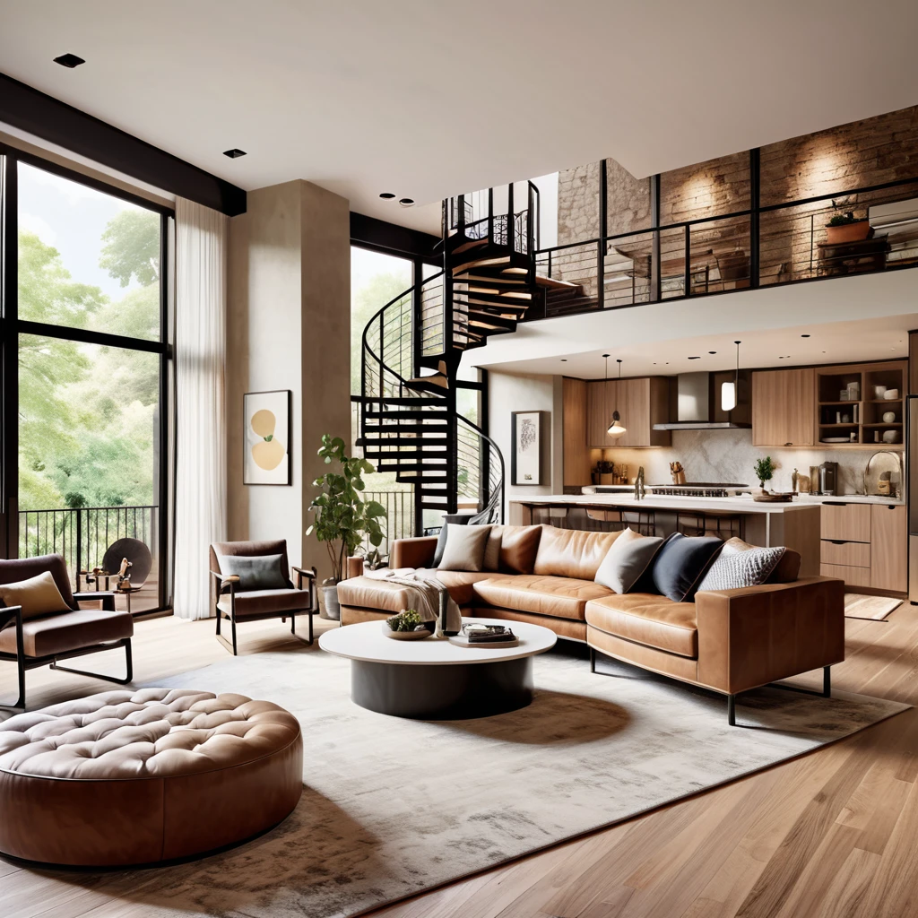 Créez un loft chic et accueillant avec une esthétique moderne. Le salon devrait inclure un canapé sectionnel confortable dans des tons terreux, complété par un grand pouf et un tapis moelleux. La pièce dispose d&#39;un escalier en colimaçon qui mène à un espace loft supérieur, ajouter un intérêt architectural. Le coin repas est équipé d&#39;une table ronde et de chaises élégantes, tandis que le coin cuisine est doté d&#39;armoires et d&#39;appareils modernes. Assurez-vous que l’espace est lumineux et aéré avec suffisamment de lumière naturelle, et décorez avec des éléments de décoration minimalistes mais de bon goût