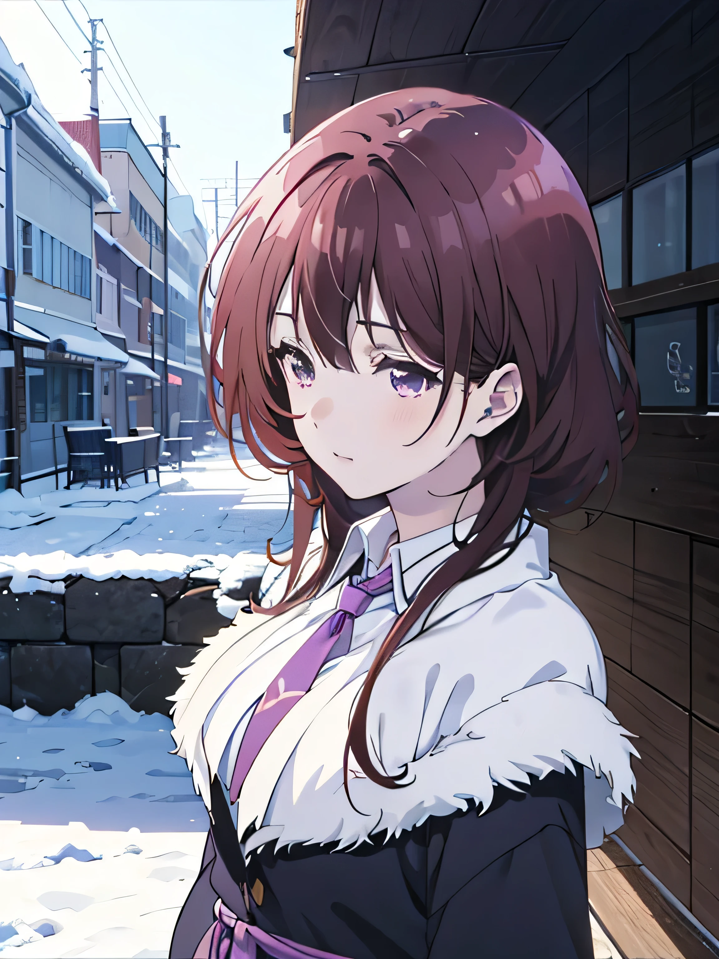 Anime girl with long purple hair and purple eyes standing in the snow, anime moe art style, style of anime4 K, Anime art wallpaper 8 K, Anime art wallpaper 4 K, Anime art wallpaper 4k, Anime wallpaper 4K, Anime wallpaper 4 k, Detailed digital anime art, 4K anime wallpaper, 4k manga wallpapers, clean and meticulous anime art, a beautiful anime portrait