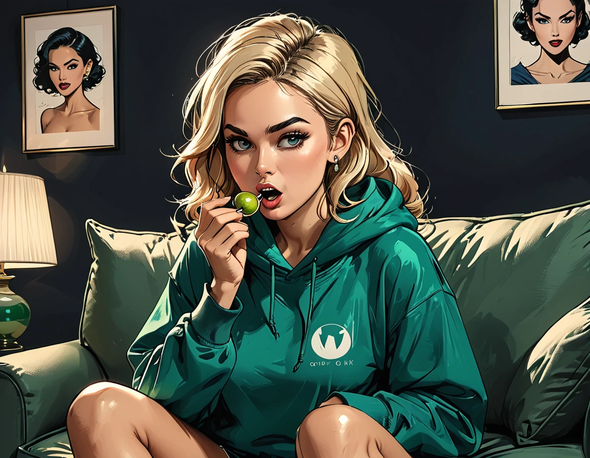 green ((pearl)) at hands,portrait girl eating a green pearl in (Blue oversized hoodie) and black Elastic shorts sits at sofa at dark green office, (open mouth), adult, [Nordic], Hourglass elongated fitness body, perfect Olive skin, Oval Face, Long neck, Rounded shoulders, perfect hand, Attached Pointed ears, round forehead, Short blonde Waves pixie hair, snub nose, Arched eyebrows, High Round Narrow cheekbones, Dimpled Cheeks, Rounded Chin, Rounded Jawline, Full nude Lips, Nude Makeup Look, long eyelashes, graphic style of novel comics, 2d, 8k, hyperrealism, masterpiece, high resolution, best quality, ultra-detailed, super realistic, Hyperrealistic art, high-quality, ultra high res, highest detailed, lot of details, Extremely high-resolution details, incredibly lifelike, colourful, soft cinematic light,