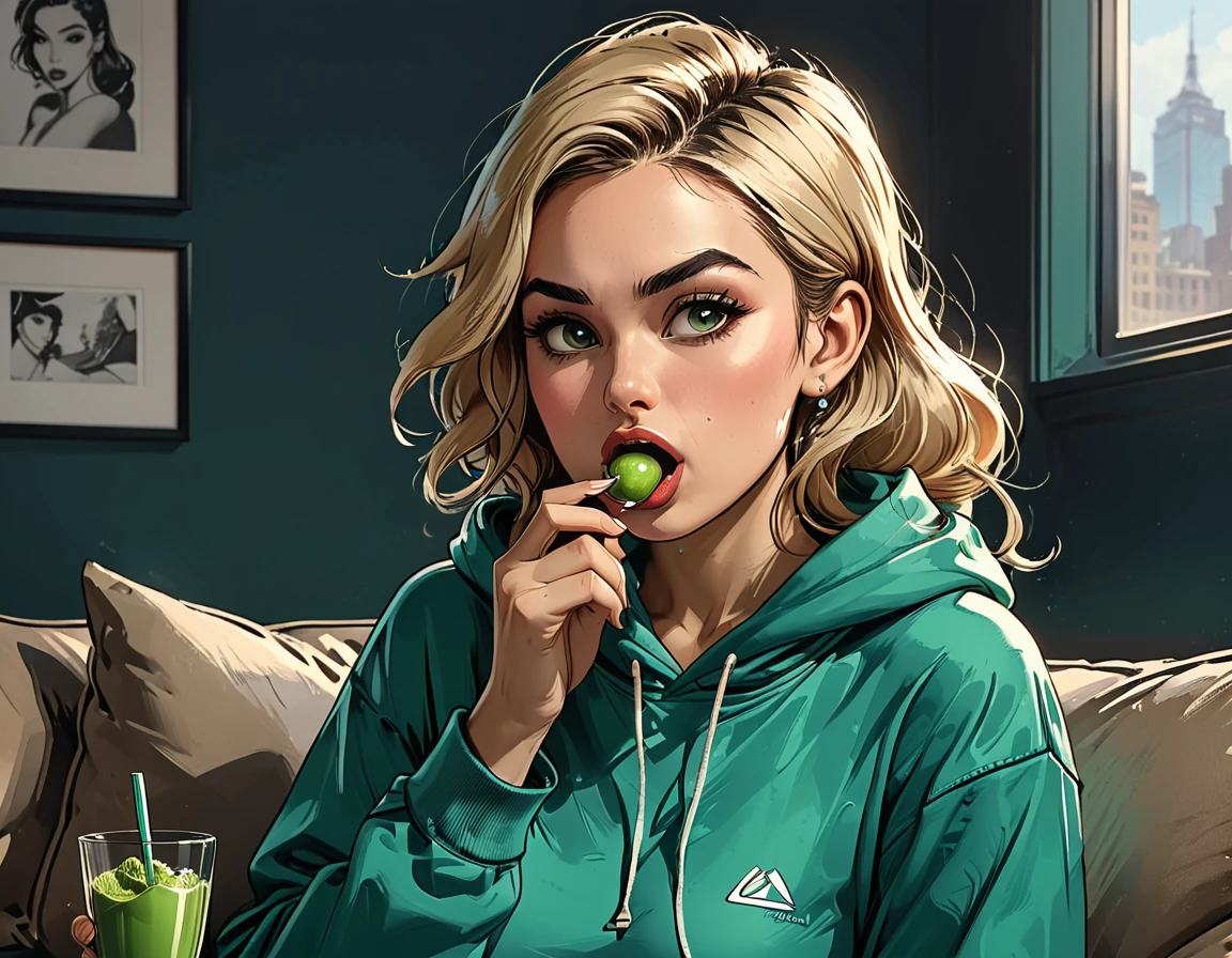 green ((pearl)) at hands,portrait girl eating a green pearl in (Blue oversized hoodie) and black Elastic shorts sits at sofa at dark green office, (open mouth), adult, [Nordic], Hourglass elongated fitness body, perfect Olive skin, Oval Face, Long neck, Rounded shoulders, perfect hand, Attached Pointed ears, round forehead, Short blonde Waves pixie hair, snub nose, Arched eyebrows, High Round Narrow cheekbones, Dimpled Cheeks, Rounded Chin, Rounded Jawline, Full nude Lips, Nude Makeup Look, long eyelashes, graphic style of novel comics, 2d, 8k, hyperrealism, masterpiece, high resolution, best quality, ultra-detailed, super realistic, Hyperrealistic art, high-quality, ultra high res, highest detailed, lot of details, Extremely high-resolution details, incredibly lifelike, colourful, soft cinematic light,